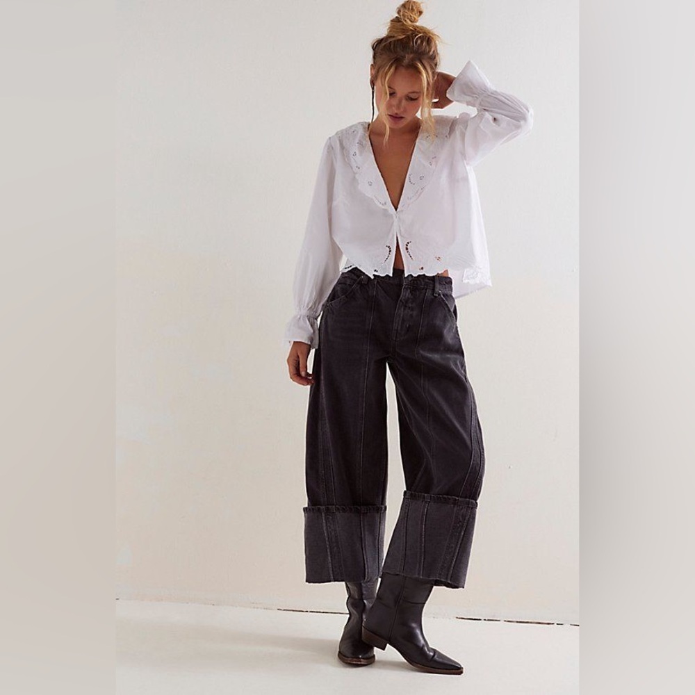 Free People Olsen Cuff Barrel Leg Jeans - Black Ice
